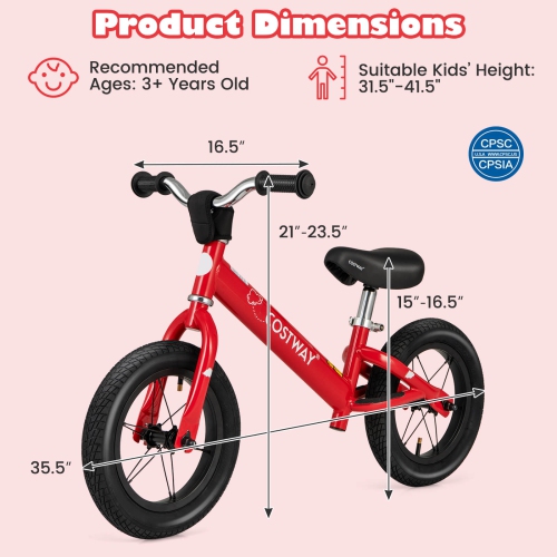 Costway 12 Inch Toddler Balance Bike No Pedal Training Bicycle with Inflatable Rubber Tires