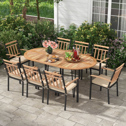 COSTWAY  9 Pieces Outdoor Dining Set With Acacia Wood Top & Umbrella Hole Metal Frame