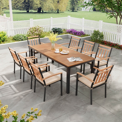 COSTWAY  9 PCs Outdoor Dining Table & Chairs Set Table With Acacia Wood Top Umbrella Hole