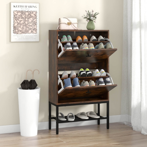 Costway Industrial Shoe Storage Cabinet with 2 Flip Drawers 1 Bottom Metal Shelf Organizer