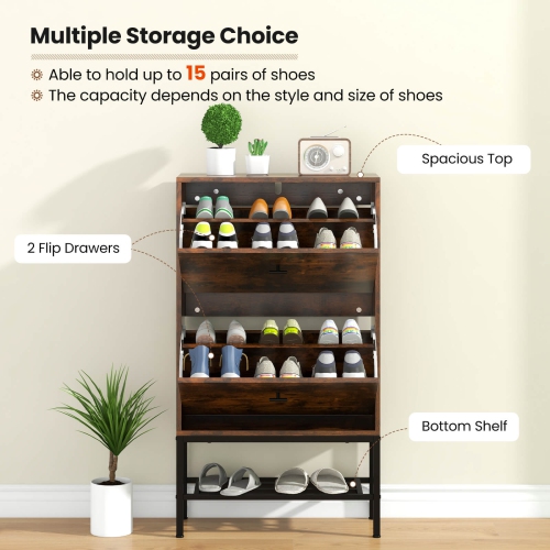 Costway Industrial Shoe Storage Cabinet with 2 Flip Drawers 1 Bottom Metal Shelf Organizer