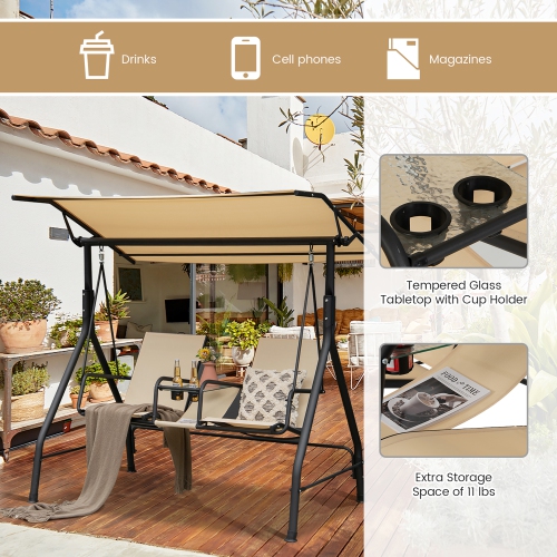 Costway 2-Seat Outdoor Patio Swing Adjustable Canopy Tempered Glass Table Top Cup Holder