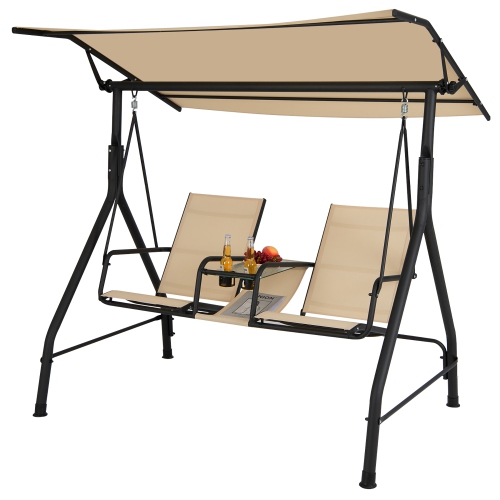 Costway 2-Seat Outdoor Patio Swing Adjustable Canopy Tempered Glass Table Top Cup Holder