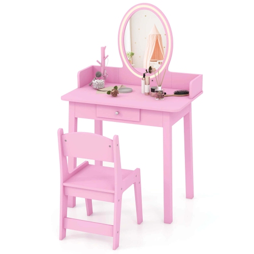 Costway Kids Vanity Set with Lighted Mirror Chair 2-Color LED Lighting for Girls Makeup