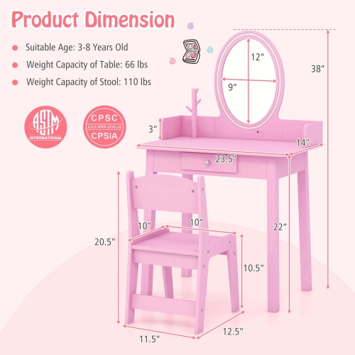 Costway Kids Vanity Set with Lighted Mirror Chair 2-Color LED Lighting for Girls Makeup