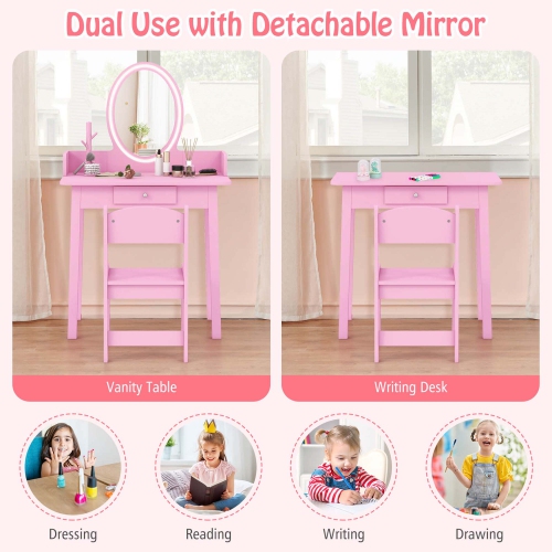 Costway Kids Vanity Set with Lighted Mirror Chair 2-Color LED Lighting for Girls Makeup