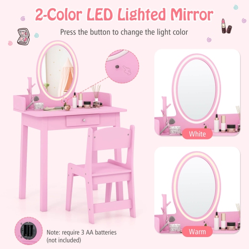 Costway Kids Vanity Set with Lighted Mirror Chair 2-Color LED Lighting for Girls Makeup