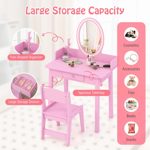 Costway Kids Vanity Set with Lighted Mirror Chair 2-Color LED Lighting for Girls Makeup