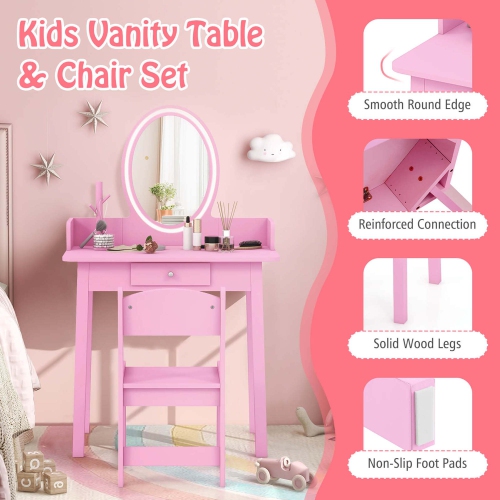 Costway Kids Vanity Set with Lighted Mirror Chair 2-Color LED Lighting for Girls Makeup