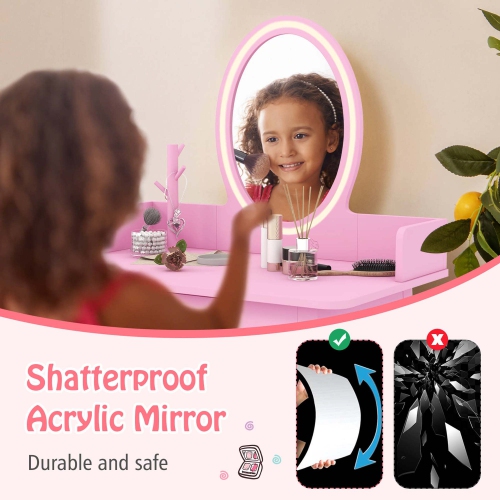 Costway Kids Vanity Set with Lighted Mirror Chair 2-Color LED Lighting for Girls Makeup