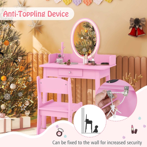 Costway Kids Vanity Set with Lighted Mirror Chair 2-Color LED Lighting for Girls Makeup