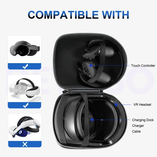 Étui de transport rigide compatible avec Oculus Meta Quest 3S/Quest 3/Quest 2 Original officiel/Serre-tête Elite et accessoires pour manette Touch,