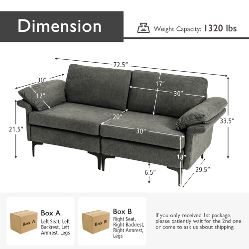 Costway Modern Loveseat Fabric 2-Seat Sofa Couch for Small Space w/ Metal Legs