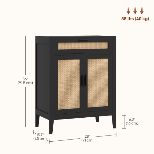 HOMCOM Sideboard Buffet Cabinet with Storage, 28" Boho Kitchen Storage Cabinet with Decorative Rattan Doors, Drawer and Adjustable Shelf, Black