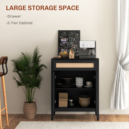 HOMCOM Sideboard Buffet Cabinet with Storage, 28" Boho Kitchen Storage Cabinet with Decorative Rattan Doors, Drawer and Adjustable Shelf, Black