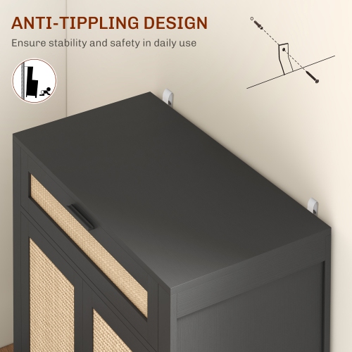 HOMCOM Sideboard Buffet Cabinet with Storage, 28" Boho Kitchen Storage Cabinet with Decorative Rattan Doors, Drawer and Adjustable Shelf, Black