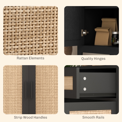 HOMCOM Sideboard Buffet Cabinet with Storage, 28" Boho Kitchen Storage Cabinet with Decorative Rattan Doors, Drawer and Adjustable Shelf, Black