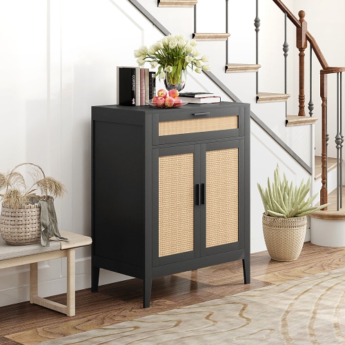 HOMCOM Sideboard Buffet Cabinet with Storage, 28" Boho Kitchen Storage Cabinet with Decorative Rattan Doors, Drawer and Adjustable Shelf, Black