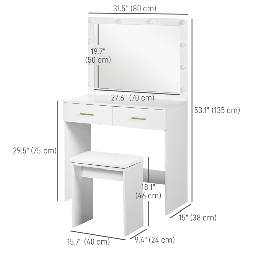 HOMCOM Vanity Desk with Mirror and Lights, Makeup Vanity with Stool and 2 Drawers, 10 LED Bulbs Dressing Table for Bedroom, White