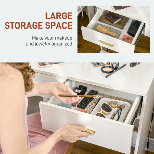 HOMCOM Vanity Desk with Mirror and Lights, Makeup Vanity with Stool and 2 Drawers, 10 LED Bulbs Dressing Table for Bedroom, White