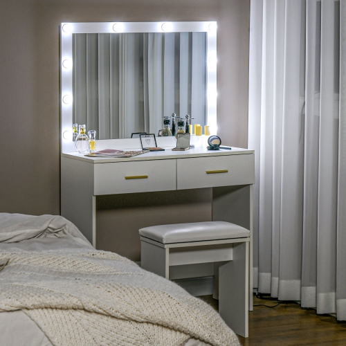 HOMCOM Vanity Desk with Mirror and Lights, Makeup Vanity with Stool and 2 Drawers, 10 LED Bulbs Dressing Table for Bedroom, White