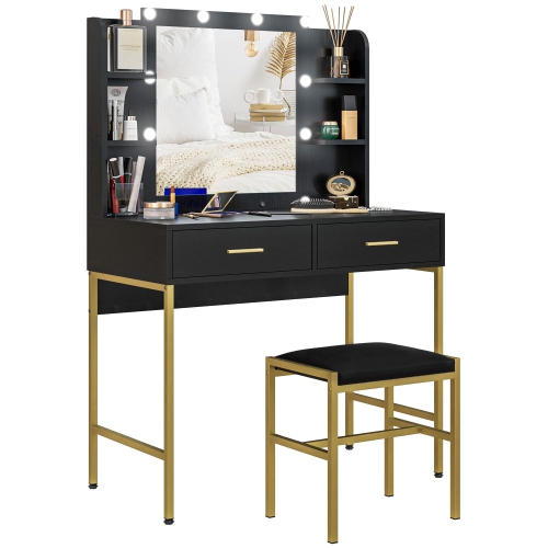 HOMCOM Vanity Set with Lighted Mirror and Stool, Makeup Vanity Desk with Drawers and Shelves, 2 Lighting Modes, 10 Bulbs, Modern Dressing Table for B