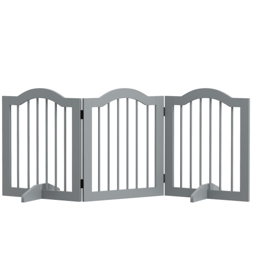 PawHut Freestanding Pet Gate for Dogs 24" Tall Foldable Dog Gates Indoor Wooden Barrier 3 Panels with 2 Support Feet, for Doorway Stairs, Light Grey