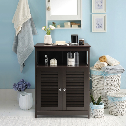 Costway Bathroom Storage Cabinet Wood Floor Cabinet w/Double Shutter Door