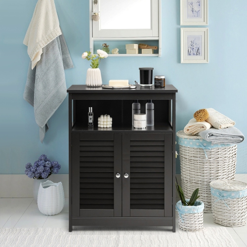 Costway Bathroom Storage Cabinet Wood Floor Cabinet w/Double Shutter Door