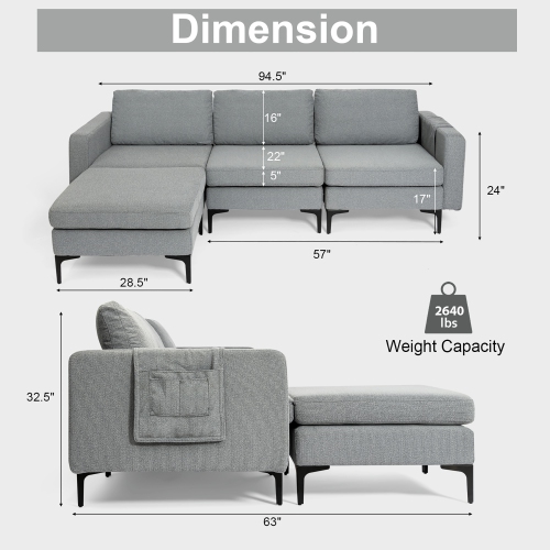 Costway Modular L-shaped Sectional Sofa w/ Reversible Chaise & 2 USB Ports