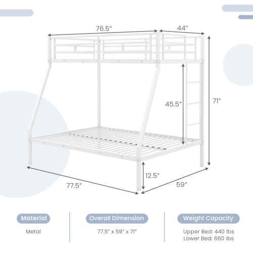 Costway Twin Over Full Metal Bunk Bed with Integrated Ladder Full-length Guardrail