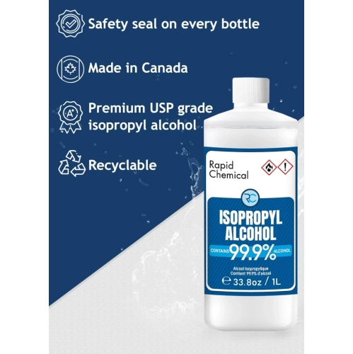 99% Isopropyl Alcohol - USP Grade 1L - Made in Canada - 99.9% Isopropyl Rubbing Alcohol for Electronics and Surface Cleaning