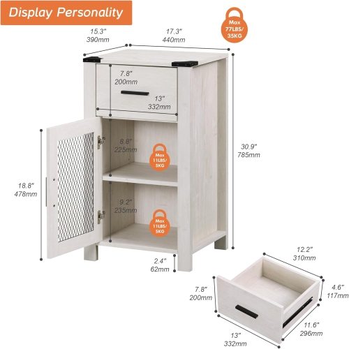 WAMPAT Farmhouse End Table with Drawer and Mesh Door Stroage, Sofa Side Table for Bedroom, Living Room, Antique White