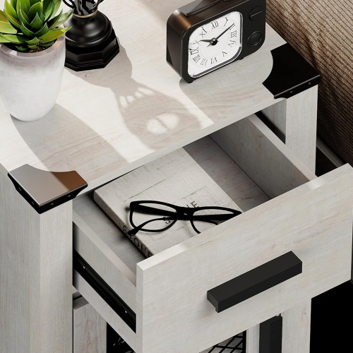 WAMPAT Farmhouse End Table with Drawer and Mesh Door Stroage, Sofa Side Table for Bedroom, Living Room, Antique White