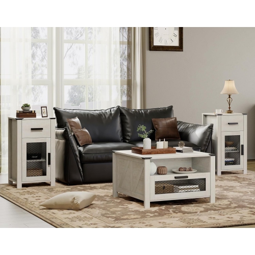 WAMPAT Farmhouse End Table with Drawer and Mesh Door Stroage, Sofa Side Table for Bedroom, Living Room, Antique White