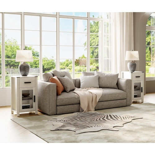 WAMPAT Farmhouse End Table with Drawer and Mesh Door Stroage, Sofa Side Table for Bedroom, Living Room, Antique White