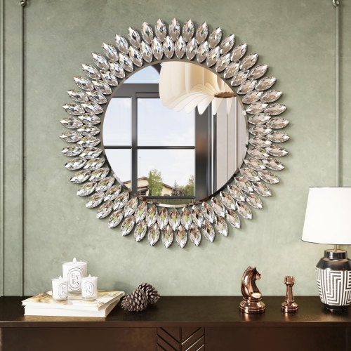NIERBO  Round Jeweled Decorative Mirror for Wall, 26 Inch Modern Bathroom Wall Mirror Luxury Vanity Mirror Diamond Mirror for Restroom Half Bath