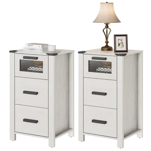 WAMPAT  2 Pack End Table With 3 Drawer Stroage, Farmhouse Sofa Side Table for Bedroom, Living Room, Antique In White