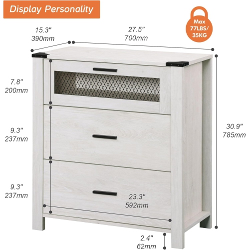 WAMPAT Dresser for Bedroom, Accent Chests of 3 Drawers,Storage Cabinet with Mesh Tower for Living Room, Hallway, Entryway, Antique White