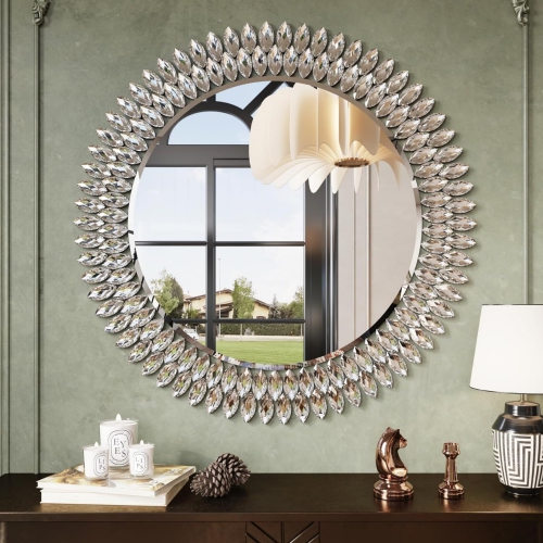 NIERBO  Round Jeweled Decorative Mirror for Wall, 32 Inch Modern Bathroom Wall Mirror Luxury Vanity Mirror Diamond Mirror for Restroom Half Bath