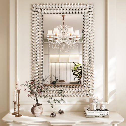 NIERBO  Jeweled Luxury Bathroom Mirror for Wall, 24" X 36" Rectangle Wall Mirror Decorative Mirror Vanity Mirror w Diamonds for Master Bath Half Bath