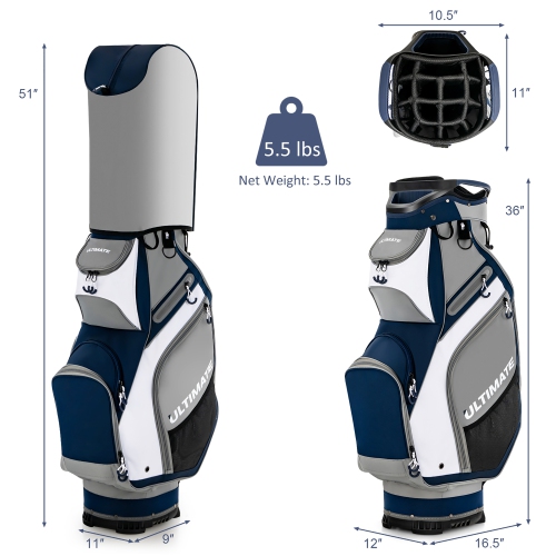 10.5" Golf Stand Bag w/14 Way Full-Length Dividers Rain Hood 7 Zippered Pockets