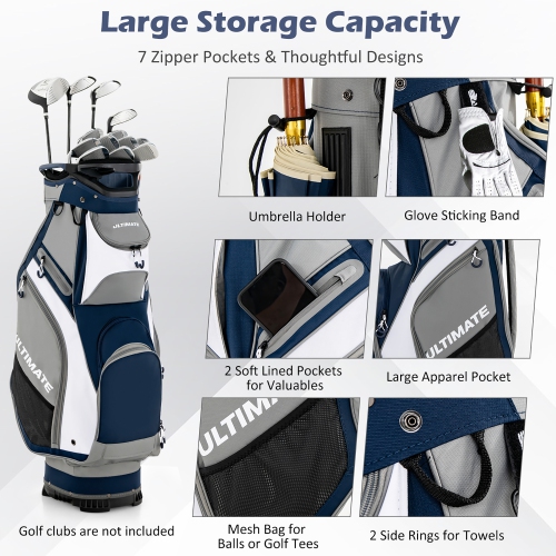 10.5" Golf Stand Bag w/14 Way Full-Length Dividers Rain Hood 7 Zippered Pockets