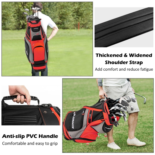 10.5" Golf Stand Bag w/14 Way Full-Length Dividers Rain Hood 7 Zippered Pockets
