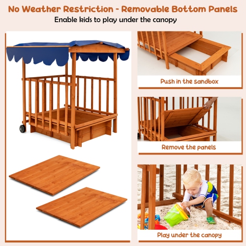 Bac à sable rétractable en bois avec couvercle et maisonnette intégrée pour enfants de Costway