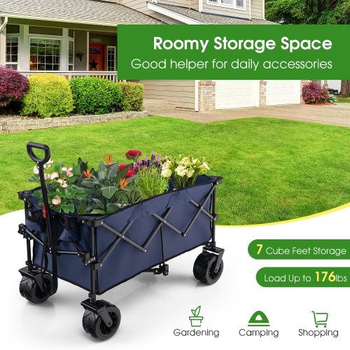 Costway Folding Collapsible Wagon Utility Garden Cart w/ Wide Wheels Adjustable Handle