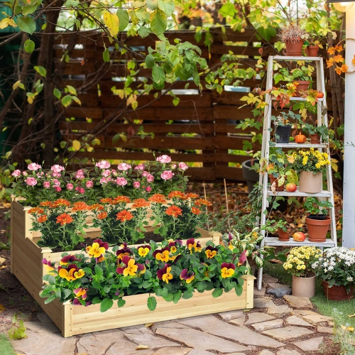 Costway 3-Tier Raised Garden Bed Wood Planter Kit for Flower Vegetable Herb 48x 48x 22in