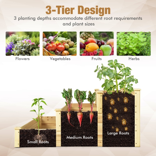 Costway 3-Tier Raised Garden Bed Wood Planter Kit for Flower Vegetable Herb 48x 48x 22in