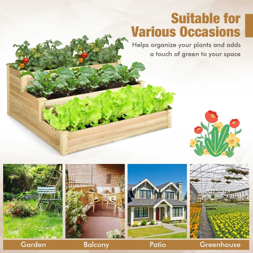 Costway 3-Tier Raised Garden Bed Wood Planter Kit for Flower Vegetable Herb 48x 48x 22in