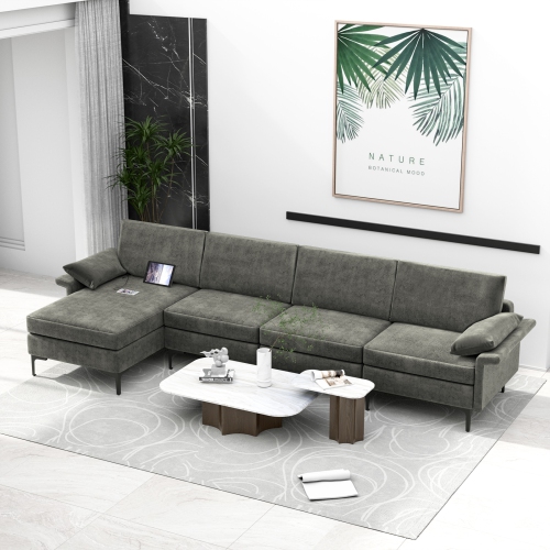 Costway Modern Modular L-shaped Sectional Sofa w/ Reversible Chaise & 2 USB Ports